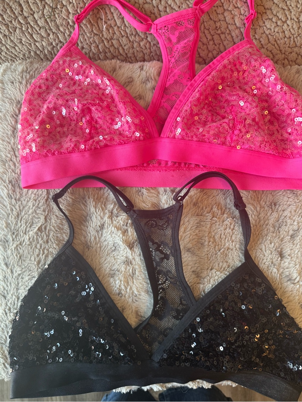 PINK Victoria's Secret Sequin Lace Racerback Bralettes - Hot Pink & Black